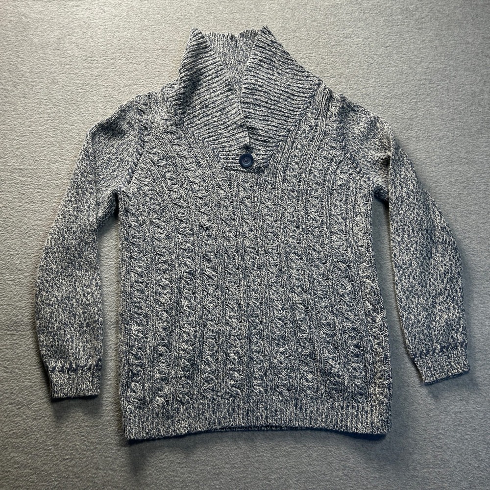 Soft Knit Sweater Womens‎ Medium Blue Marled Cable Shawl Collar Button Pullover